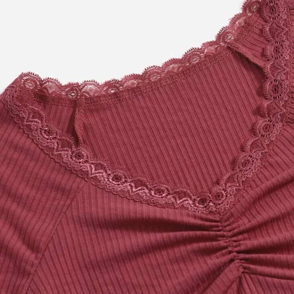 Lace Trim Raglan Sleeve Ruched Rib-knit Crop Tee - Picture 3 of 6